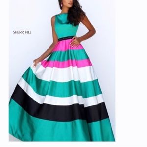SHERRY HILL #50332 Green, Pink, White, Black Striped Formal Prom Dress Gown